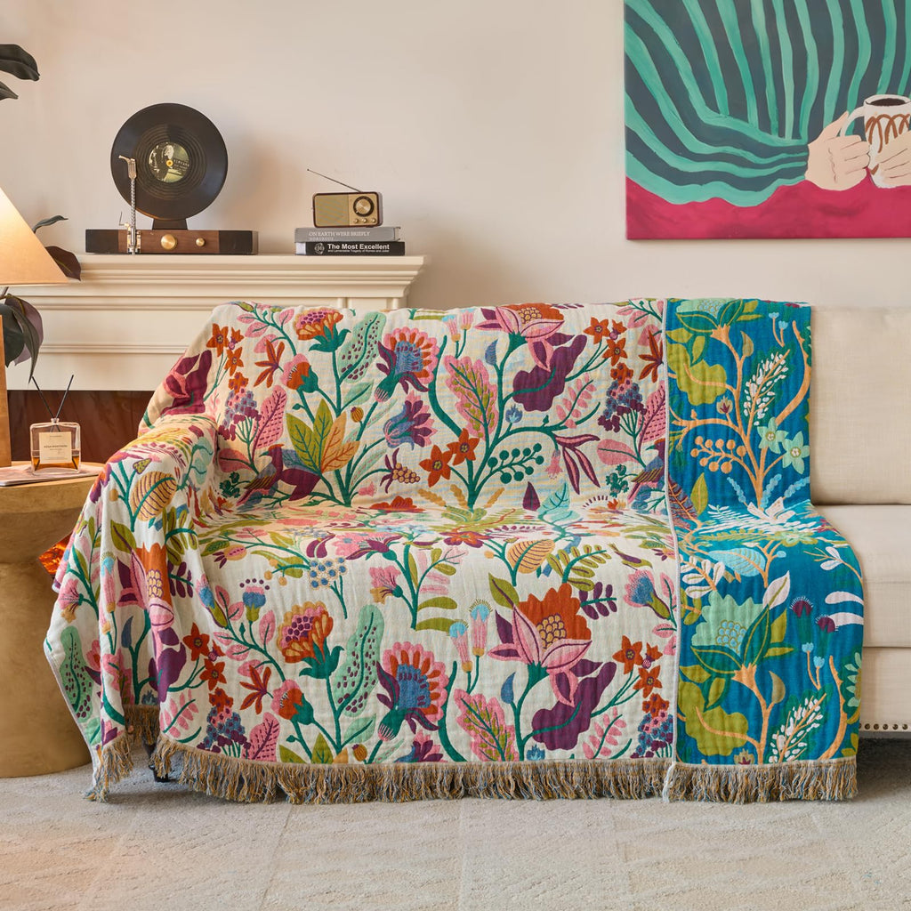 Boho Throw Blanket, 100% Soft Cotton Floral Quilt, 90"x 98"