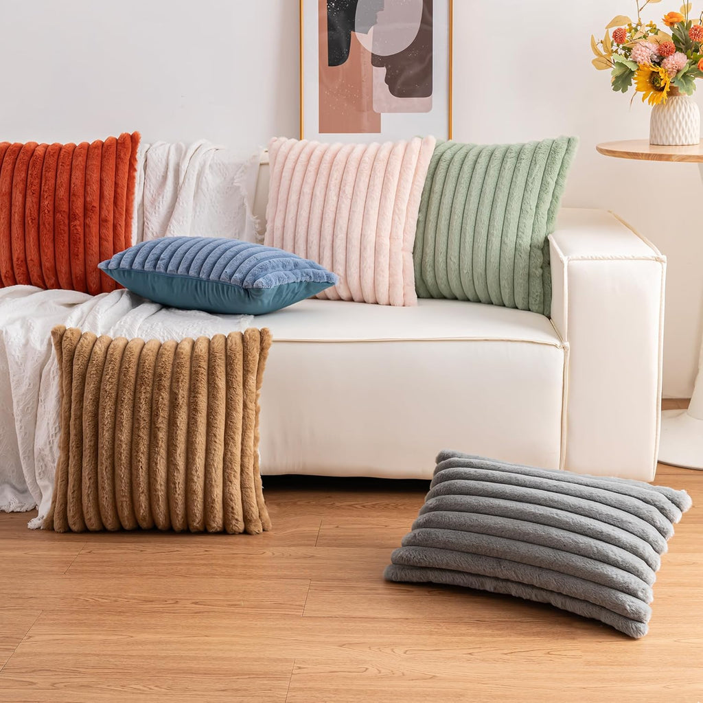 Pack of 2 Faux Fur Christmas Throw Pillow Covers 18x18 Inch, Soft Plush Striped Neutral Couch Pillow Cover, with