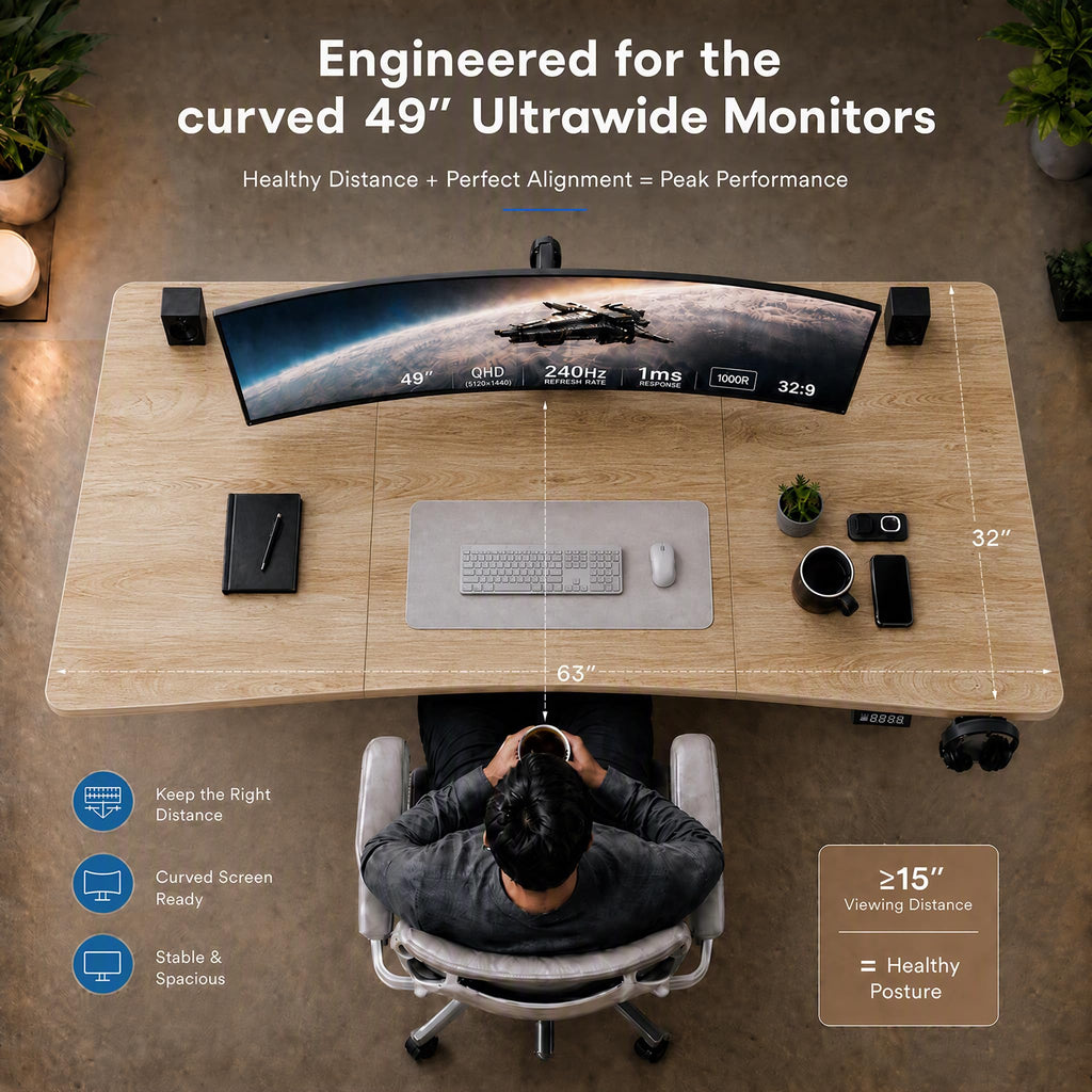 63x32 Electric Standing Desk, Curved Oak Desktop