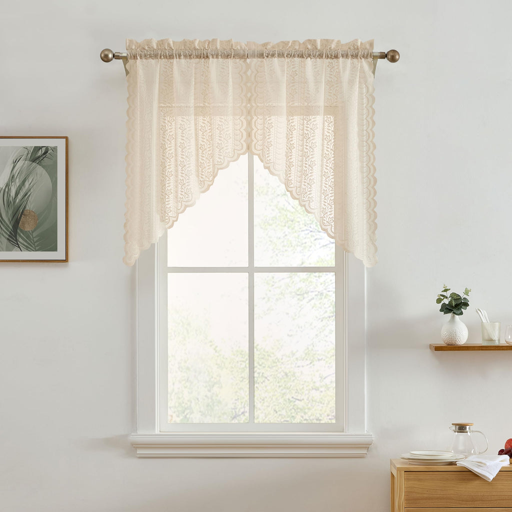 Sophia Lace Swag Curtains, Kitchen Valance - Linen Taupe, 28x36, Set of 2