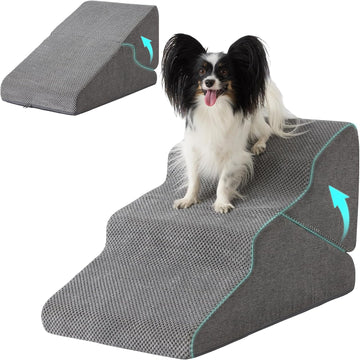 Dog Stairs for Small Dogs 16'' H, 3-Step Dog Steps for Bed, Grey