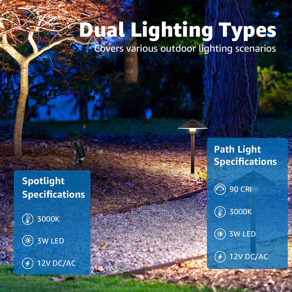 All-in-One LED Low Voltage Landscape Lighting Kit 6 Pathway Lights 2 Spotlights with 60W Photocell Transformer
