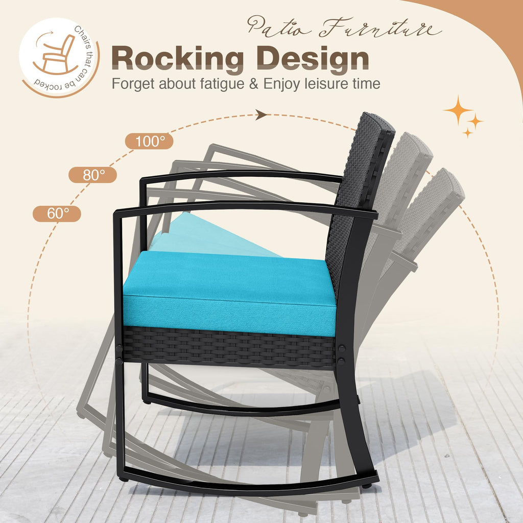 3 Piece Patio Furniture Set, All-Weather Imitation Rattan Conversation Set, Outdoor Rocking Chair Bistro Set with