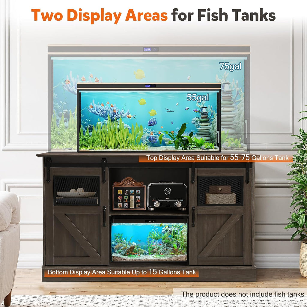 55-75 Gallon Fish Tank Stand with Power Outlet & Sliding Barn Doors