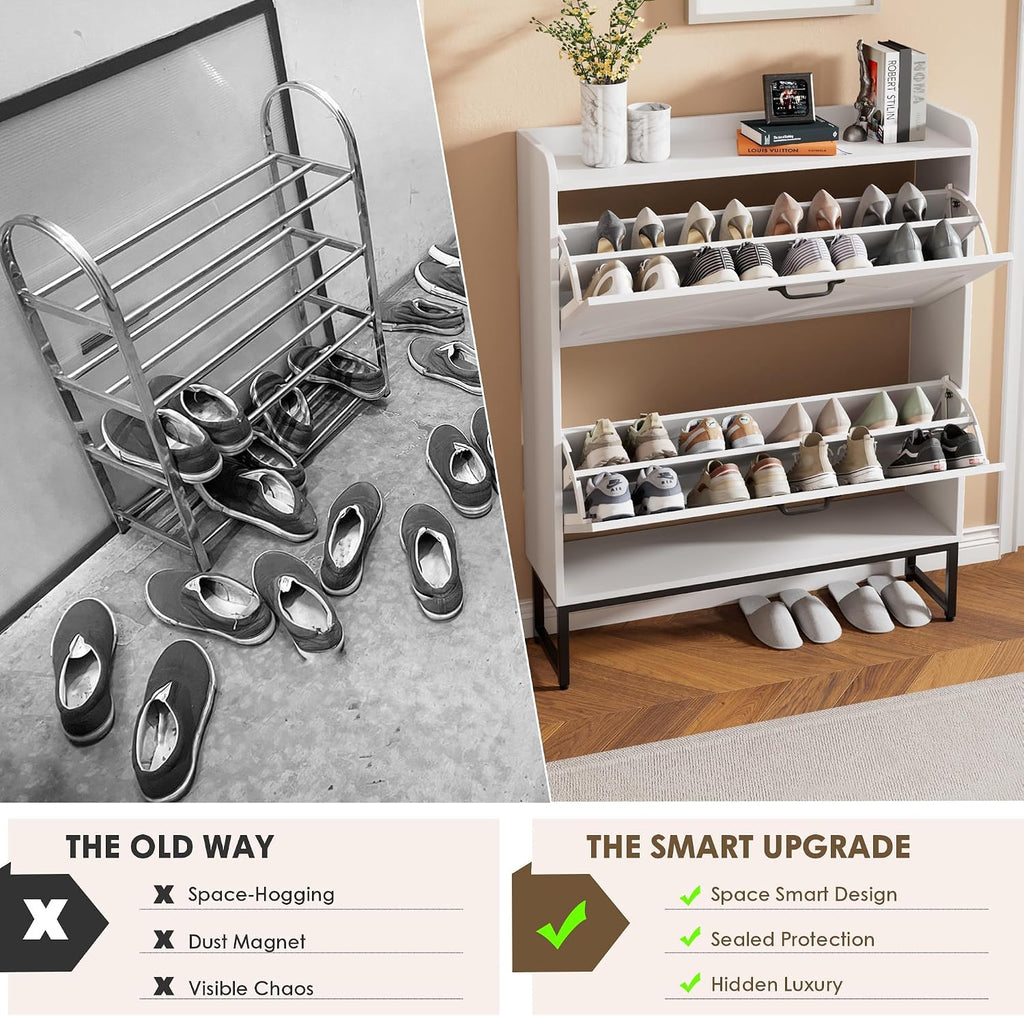 Shoe Cabinet with 2 Flip Drawers, Freestanding Shoe Organizer, Shoe Cabinet with Metal Legs, Narrow Shoe Rack Cabinet