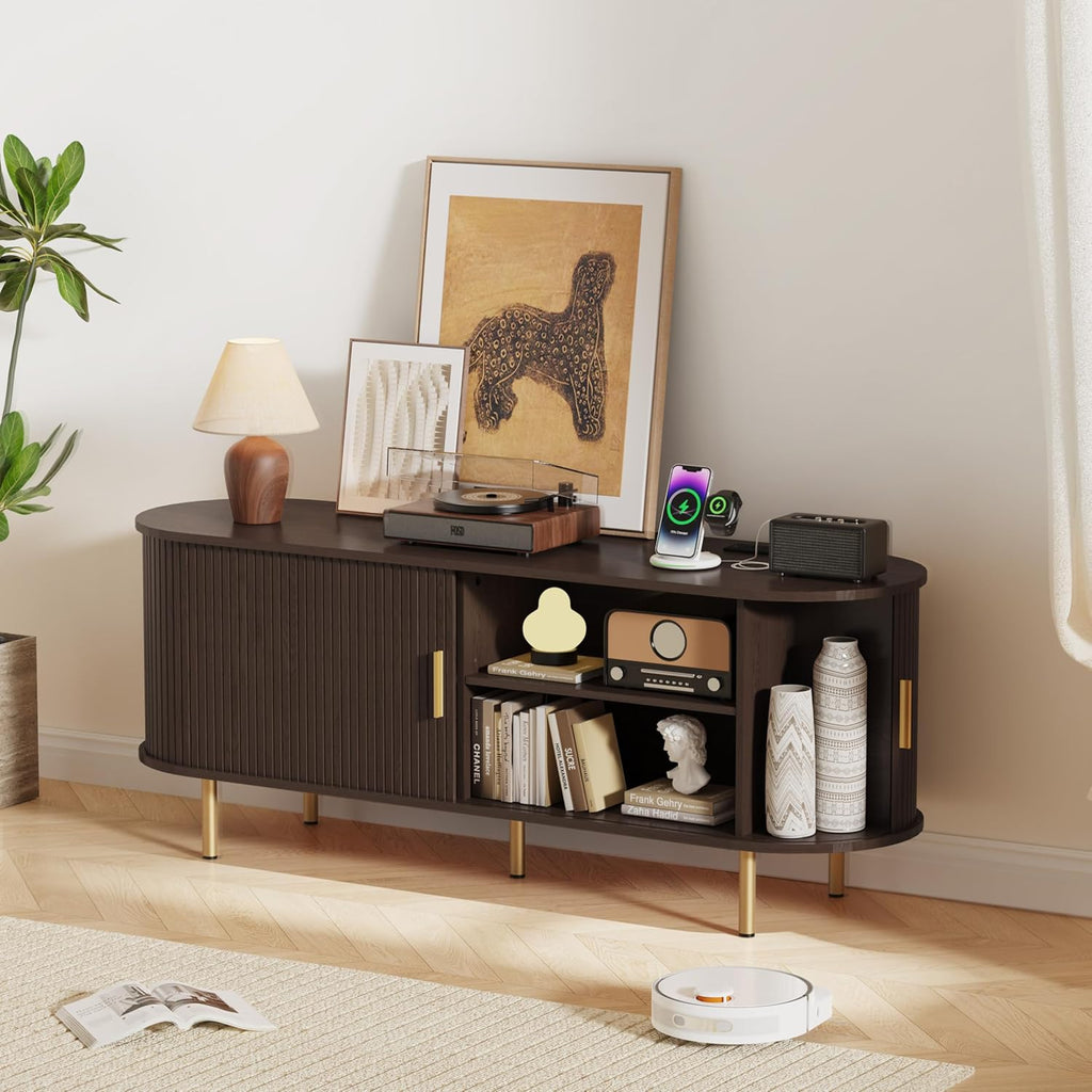 55 Inch Mid Century Modern TV Stand with Power Outlet for TVs up to 60 Inch, Entertainment Center with Storage and