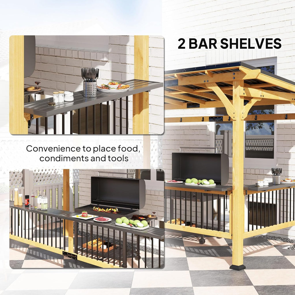 13' x 6' Wooden BBQ Grill Gazebo, Hardtop Grill Gazebo with Metal Roof, 2 Bar Shelves and 6 Hooks