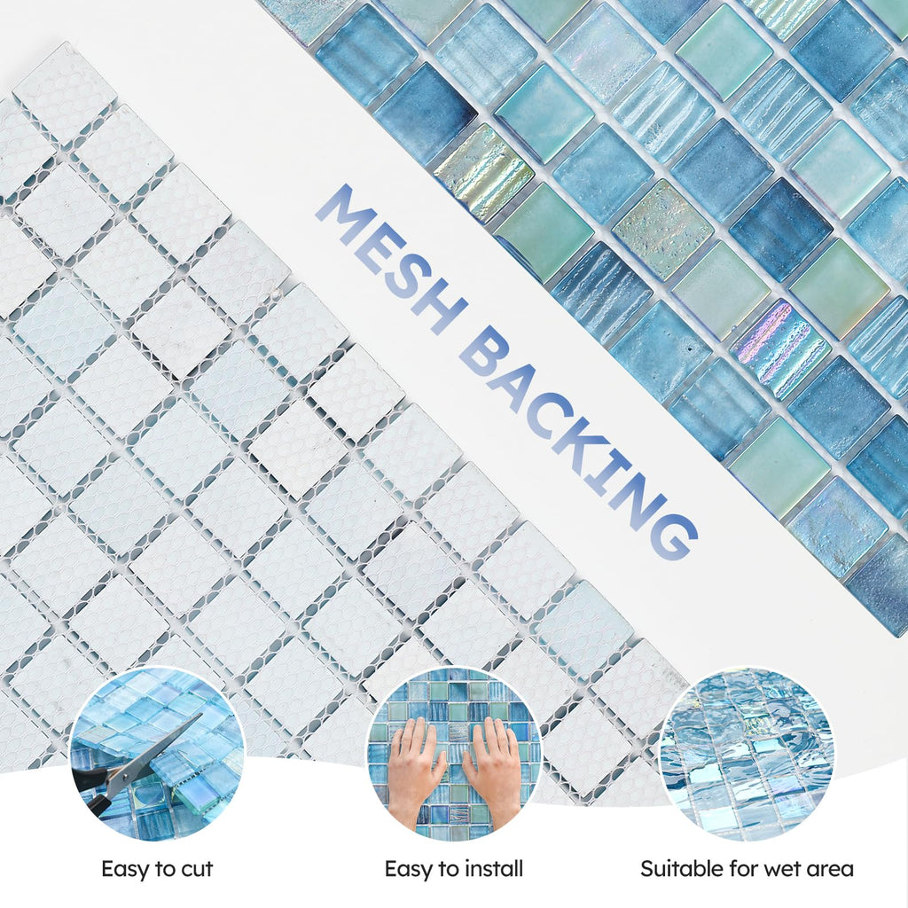 Pool Glass Mosaic Tiles, Iridescent Aqua, 1 Inch Sqaure, 5 Sheets