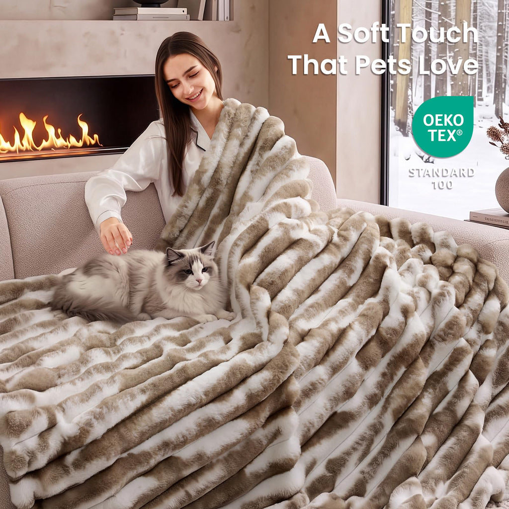 Faux Fur Throw Blanket for Couch, 3D Striped, 50x60 Inches, Taupe