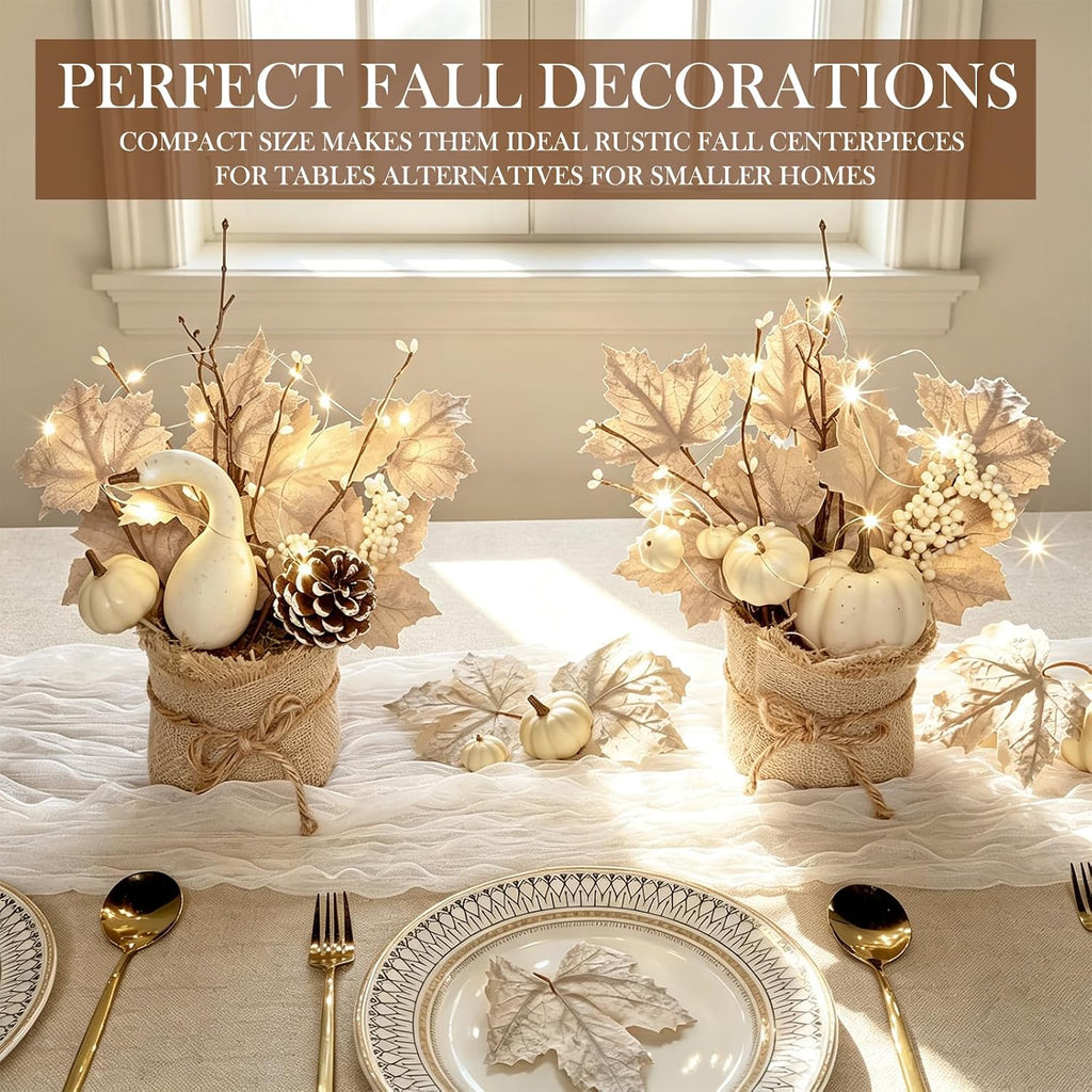 [Light & Timer] Fall Decor 2 Pack Fall Table Centerpieces with 20 LED Tabletop Maple Tree Pumpkin Pinecone Berry - Set of 2