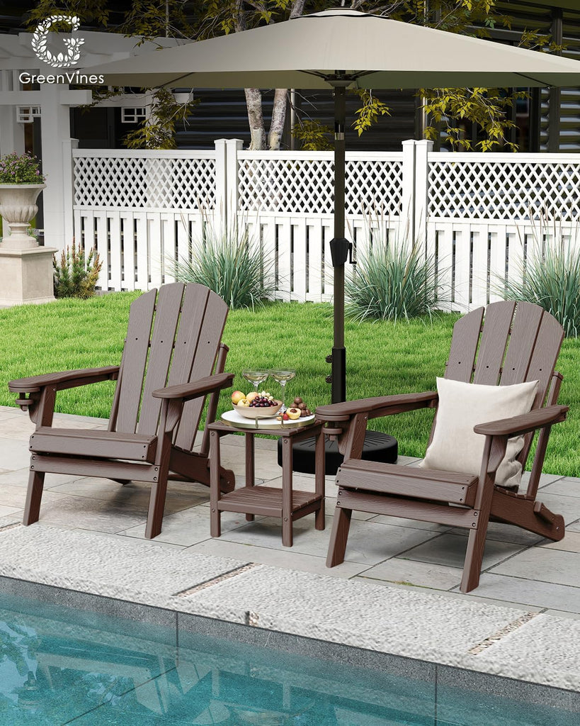 Folding-Adirondack-Chairs Set of 2, HDPE Wood Grain, Dark Brown | Hidden Cup Holder | 5" Wide Armrests | Foldable