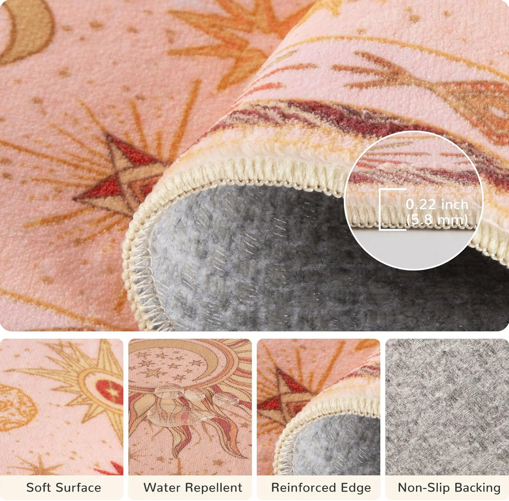 3x5 Area Rugs, Washable Vacuum-Friendly Non-Slip Rug Vintage Boho Gothic Sun and Moon Printed Patter