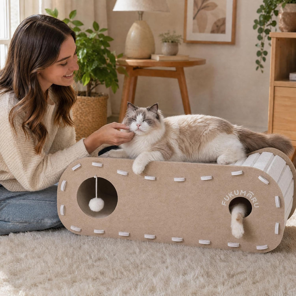 Cat Bed Cave Tunnel, 31.5 Inch, Cat House Condo Indoor, Beige