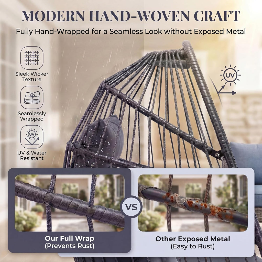 With Stand, Foldable Hanging Egg Chair Outdoor | 350 Lbs Heavy Duty, Foldable, PE Rattan Wicker Egg Swing Chair