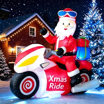 6FT Christmas Inflatables Motorcycle, Santa Claus Ride Motorcycle Blow up Giant Yard Decoration, Outdoor Built-in LED