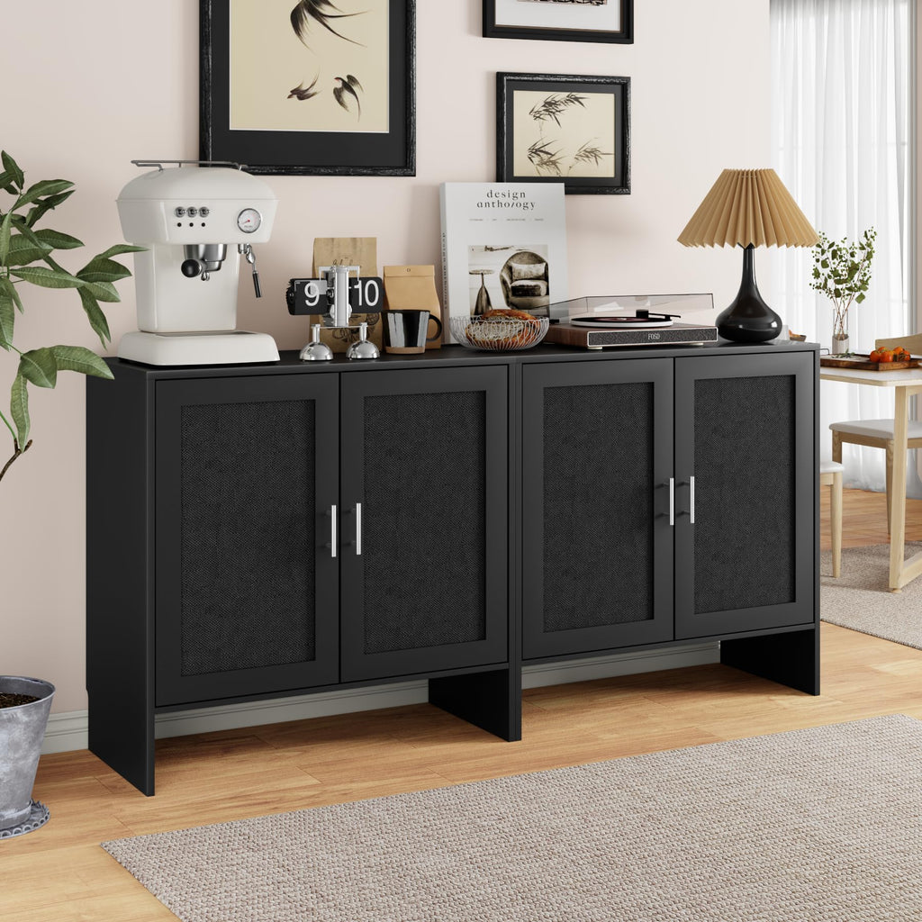 63" Buffet Cabinet Set of 2, Accent Cabinet with Storage & Adjustable Shelf, Modern Sideboard with Black Rattan
