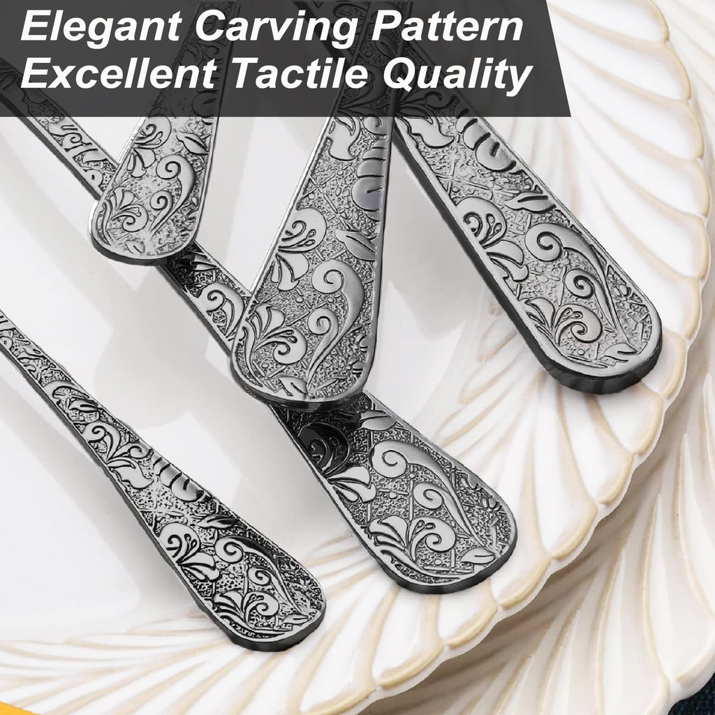 Vintage Carved Black Stainless Steel 20-Piece Flatware Set