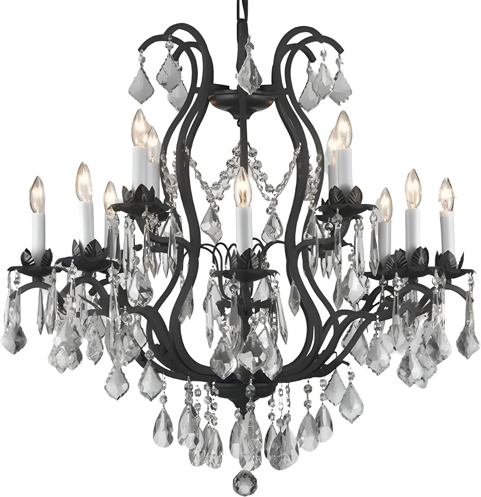 Modern Black Crystal Chandelier Large Wrought Iron Dining Room Light Fixture Elegant Modern Chandelier for High Ceiling Chandelier, Farmhouse Decor, Living Room & More 12 Lights