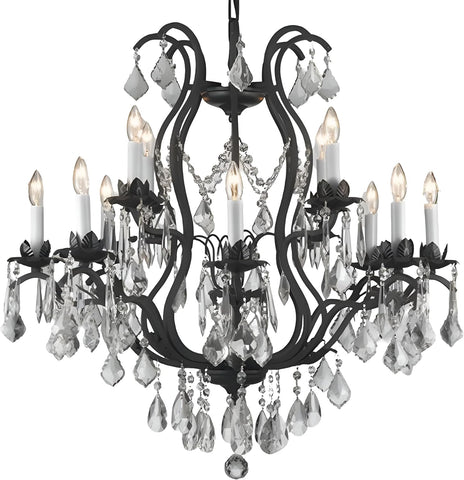 Modern Black Crystal Chandelier Large Wrought Iron Dining Room Light Fixture Elegant Modern Chandelier for High Ceiling Chandelier, Farmhouse Decor, Living Room & More 12 Lights