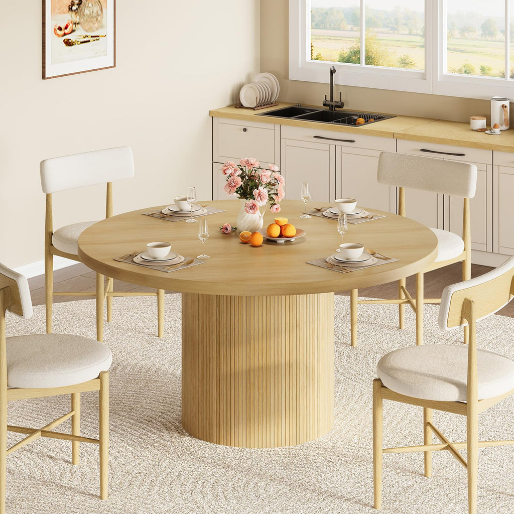 47" Round Dining Table, Circle Fluted Kitchen Table Only Oak