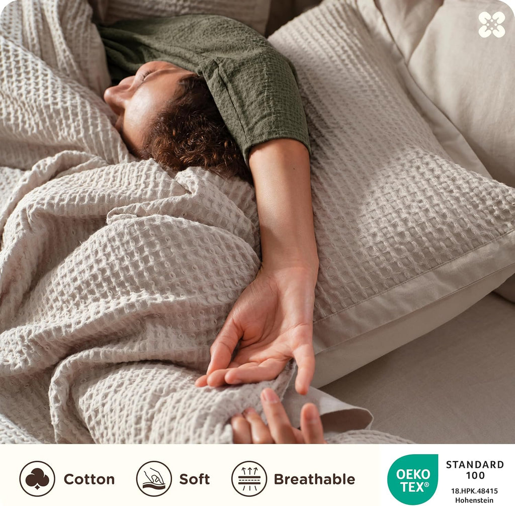 Cotton Duvet Cover Queen - 100% Cotton Waffle Weave Linen Color Duvet Cover Queen, PureWoven Breathable Bedding Set