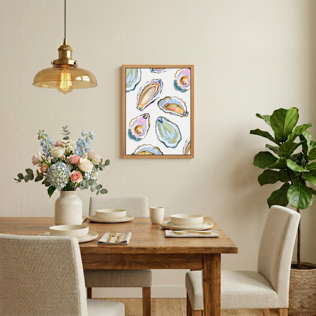 Framed Oyster Shell Wall Art, Colorful Abstract Shellfish Picture Wall Decor Painting, Summer Coastal Beach Seafood
