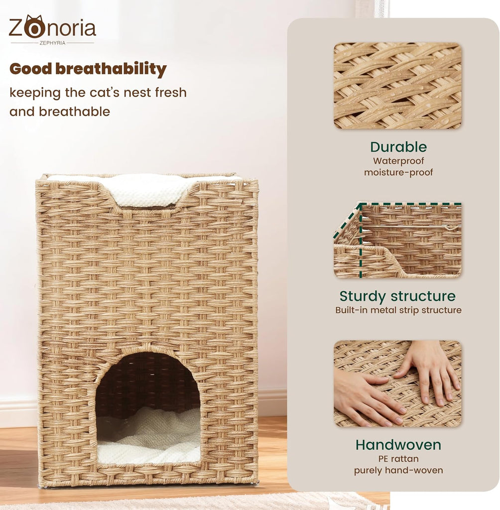 Safety Triple-Layer Cat House for Indoor Cats - Hand-Woven Rattan Cat Cave with 2 Hideaways & 3 Soft Pads - Foldable