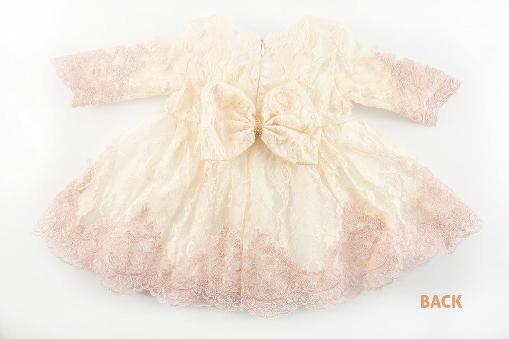 Newborn Baby Girl Lace Dress Set, 4pc Outfit for Special Occasions (US, Age, 0 Months, Pink, Ivory, Double Rose)