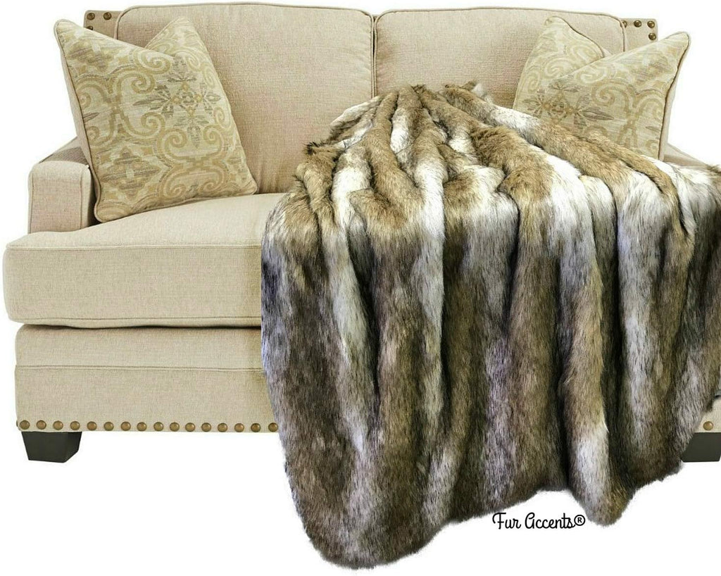 Plush Throw - Luxurious GrayTan and Brown Wolf - Premium Quality Faux Fur - Designer Throw Blanket - Soft Minky