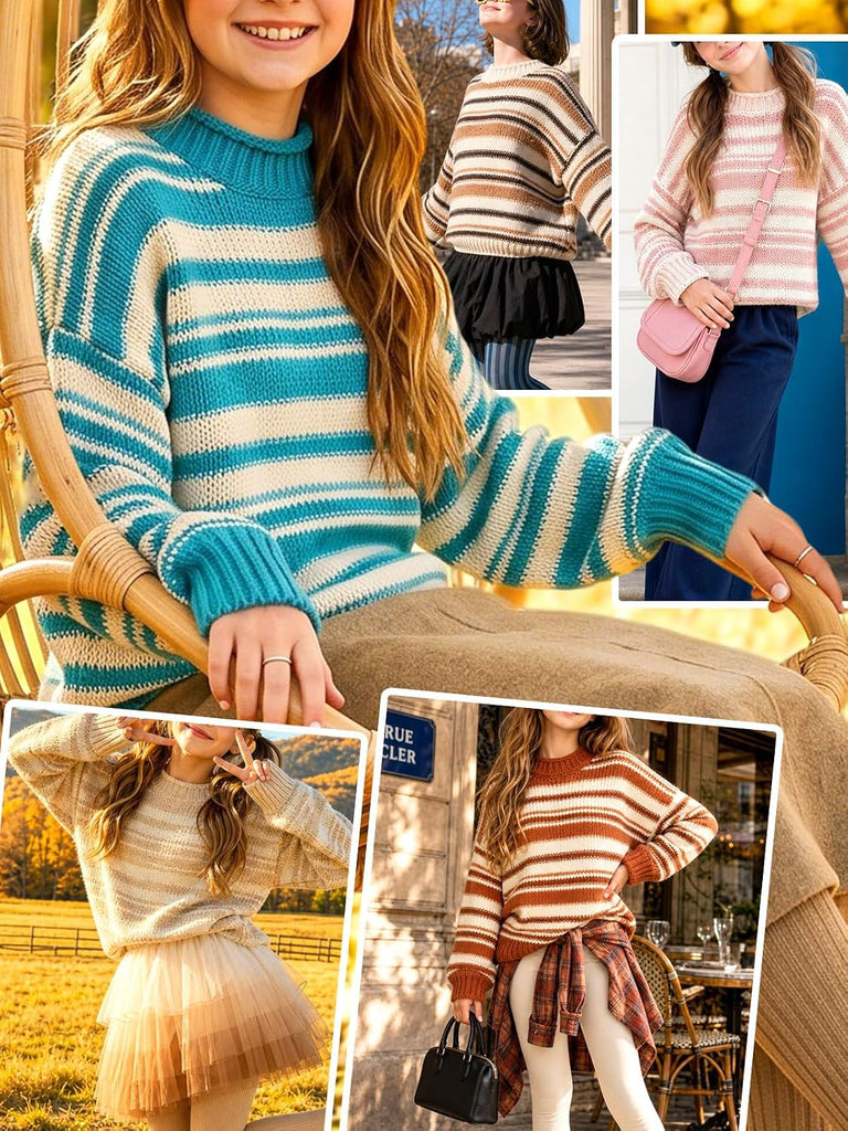 Girls Striped Sweaters Crewneck Fashion Kids Knit Long Sleeve Casual 2026 Trendy Fall Winter Pullover Outfits