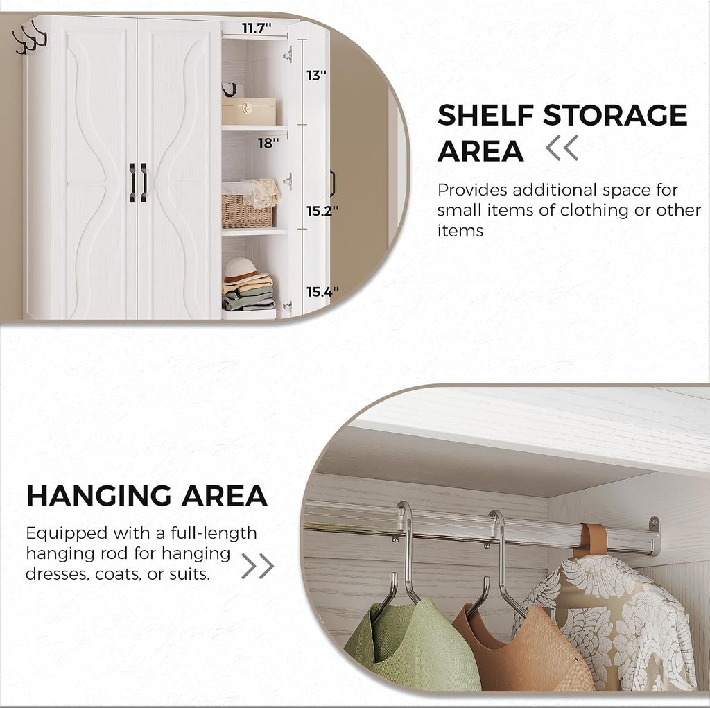 Armoire Wardrobe Closet with 4 Doors and Drawers, White | Wardrobe Cabinet with Storage Shelves and Side Hooks