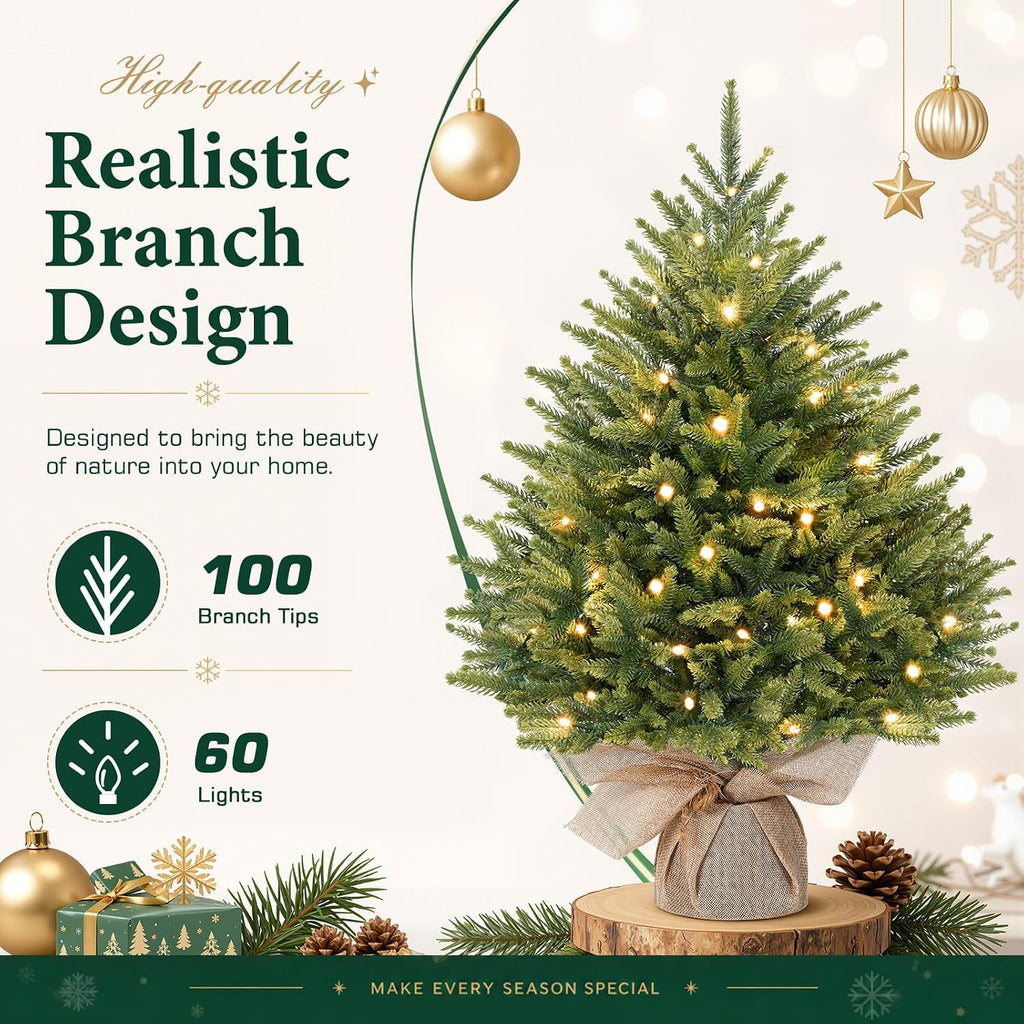 2ft Prelit Artificial Mini Christmas Tree for Tabletop Desk Decor