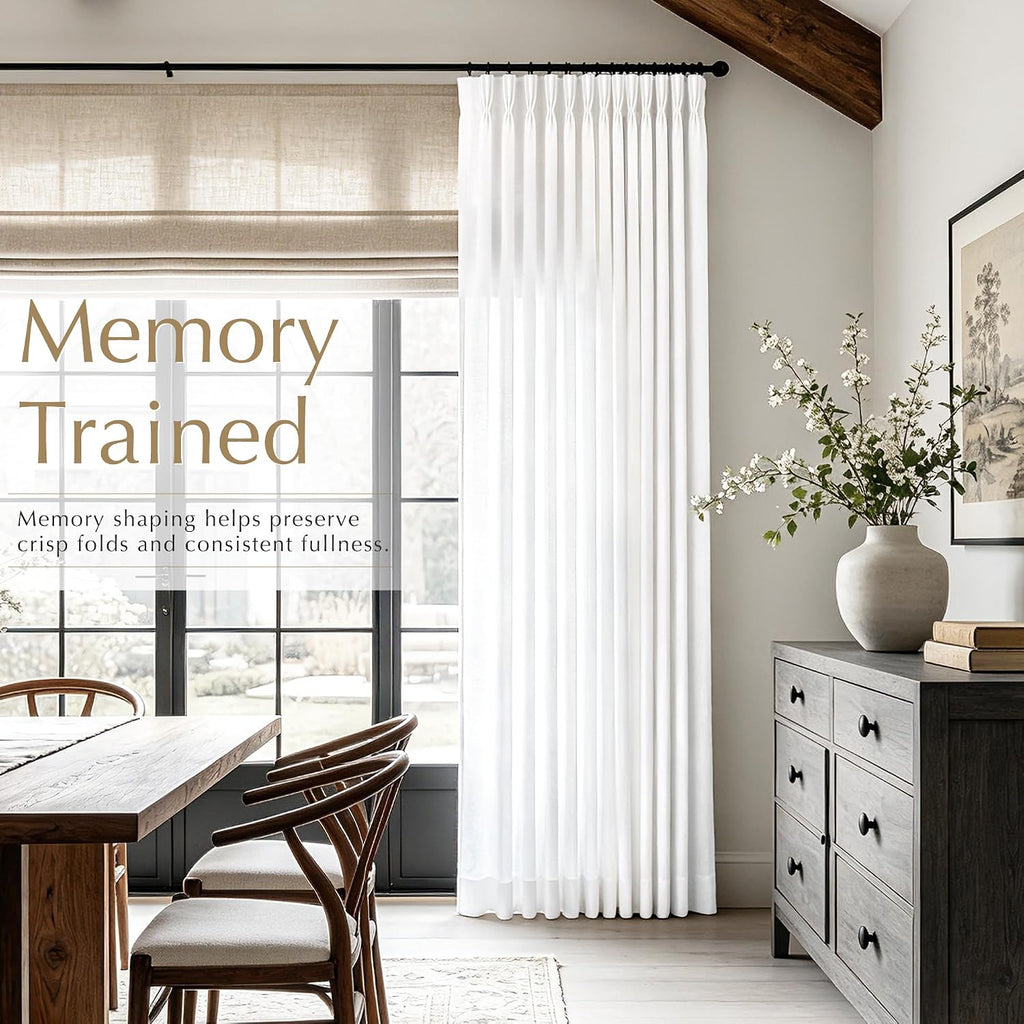Triple Pinch Pleated White Curtains 102 inch Long for Living Room 2 Panels Light Filtering Semi Sheer White Drapes