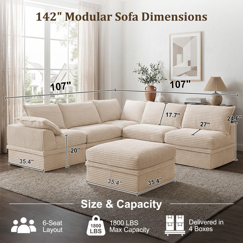 142" Modular Sectional Sofa with Storage, Oversized Boneless Couch