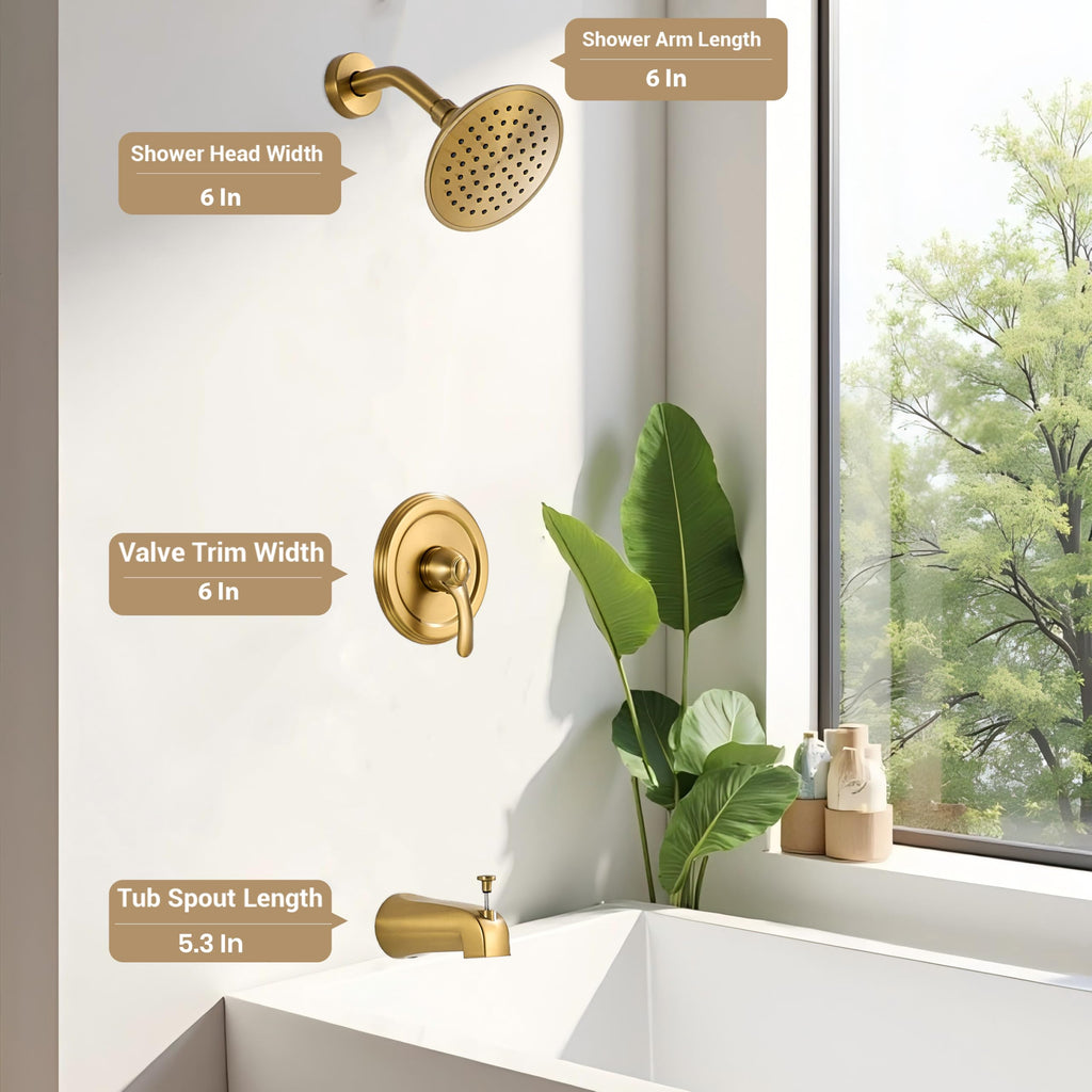 Brushed Gold Shower Tub Faucet Set, 6-Inch Gold Shower Head and Handle Set,Shower Tub Trim Kit,Gold Shower Faucet Set