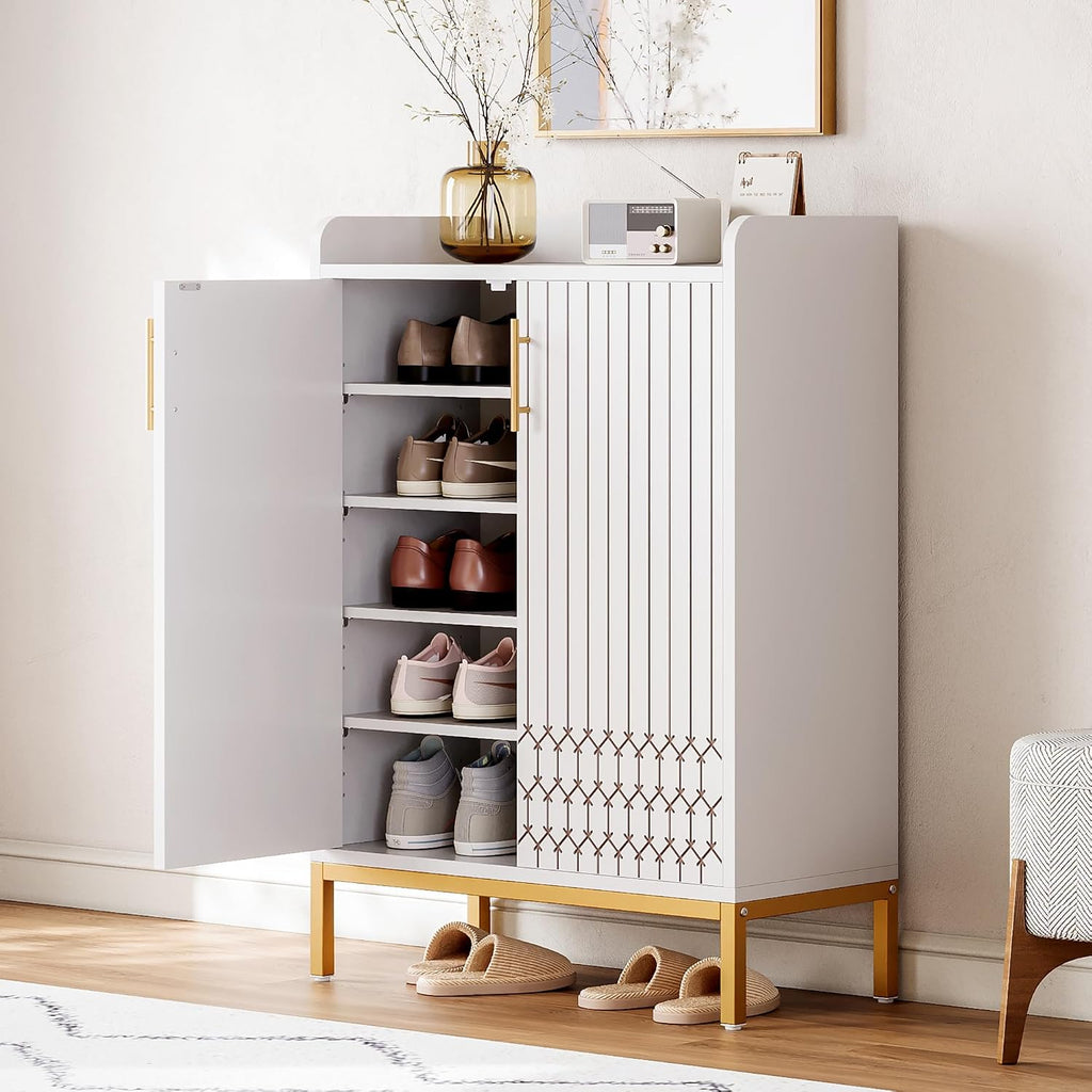 5-Tier Shoe Cabinet with Carved Lines Doors, Large Wooden Shoe Storage Cabinet with Adjustable Shelves, Modern