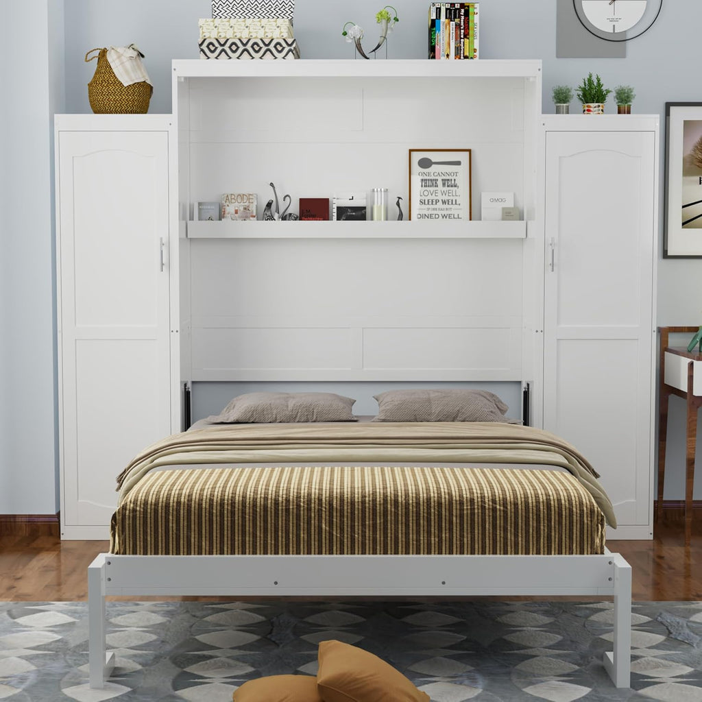 Full Vertical Murphy Bed with Wardrobe,Cabinet,and Storage Shelves,Wood Foldable Hidden Murphy Wall Bed for Adults