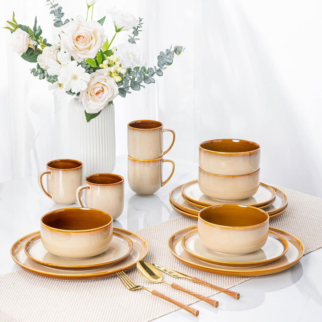 Ceramic Dinnerware Sets for 4,12-Piece Plates and Bowls,Handmade Reactive Glaze Dishes Set,Chip Resistant and Scratch