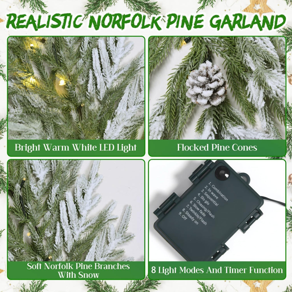 2PCS 6FT Norfolk Pine Garland Flocked Garland with Lights Pinecone