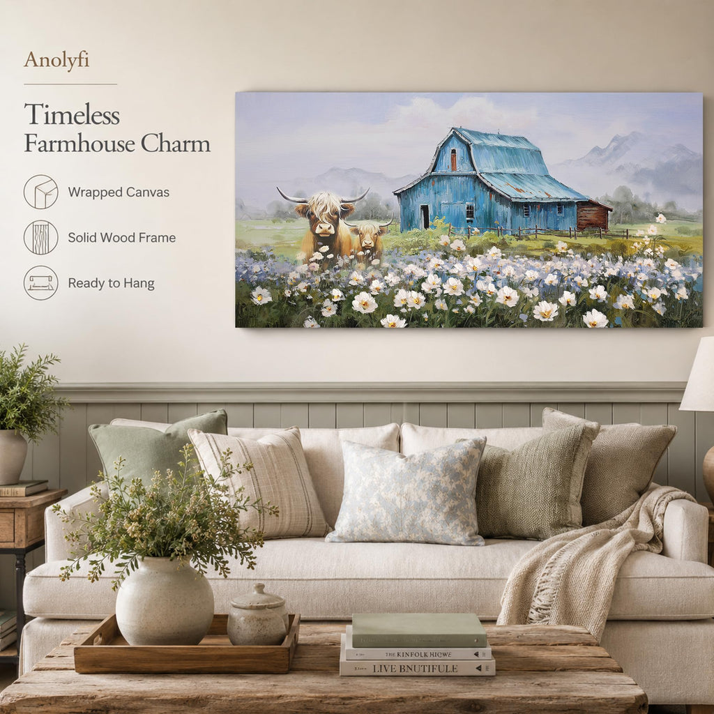Farmhouse Highland Cow Canvas Wall Art 48"x24"