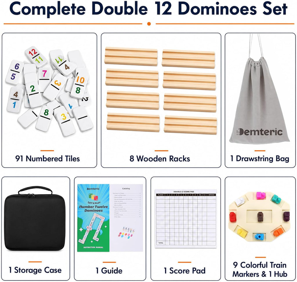 Mexican Train Dominoes Double 12, 91 Numbered Tiles, 8 Racks & Hub - Set of 101