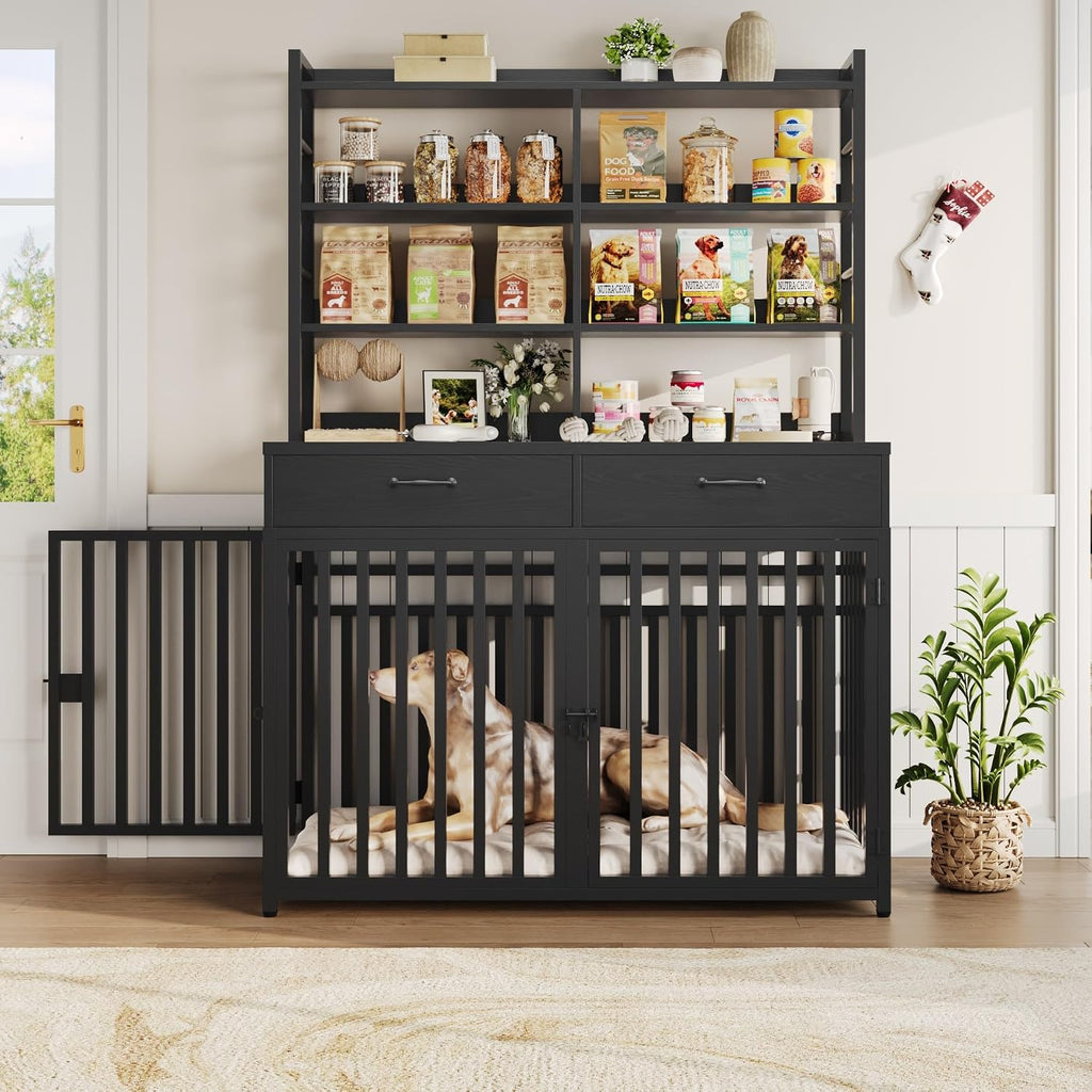 Large Dog Crate Furniture with 4-Tier Shelves and 2 Storage Drawers, Heavy Duty Dog Cage Furniture