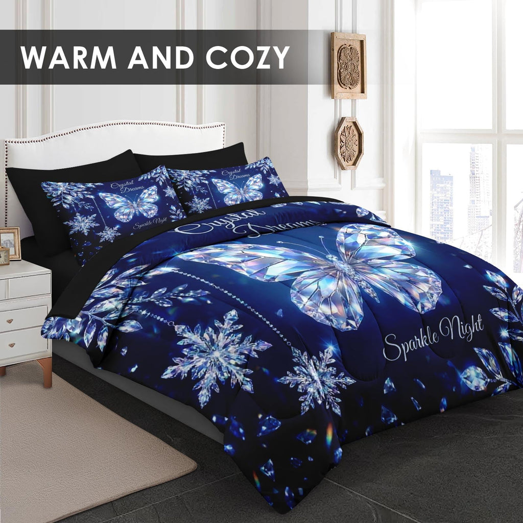 Queen Comforter Set with Sheets, 7 Pieces Butterfly Crystal Bedding