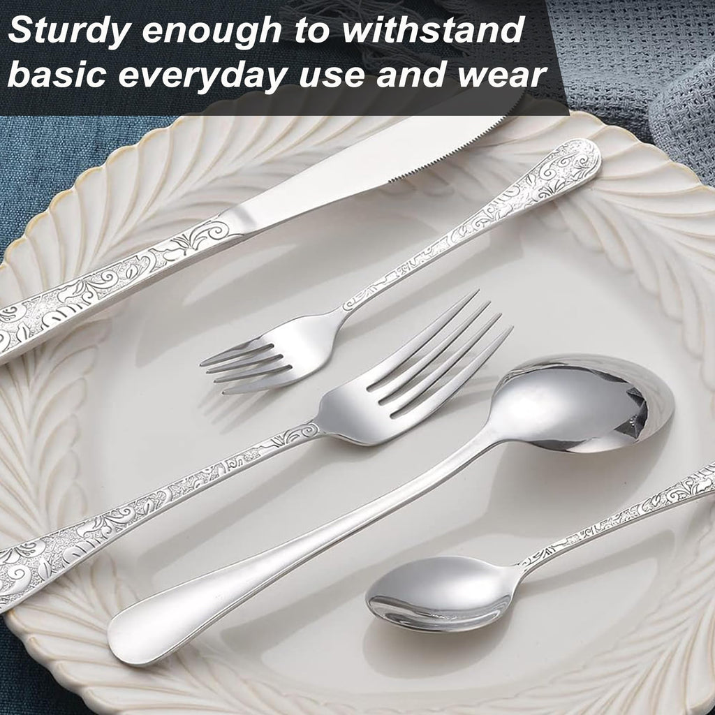 Vintage Carved Silver Stainless Steel 20-Piece Flatware Set