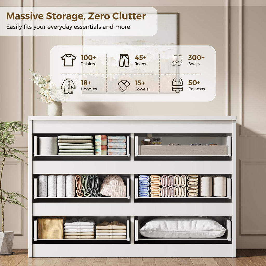 6 Drawer Fluted Dresser, Modern Chest of Drawers with Hidden Handles, Wood Storage Organizer Cabinet, White (15.7" D