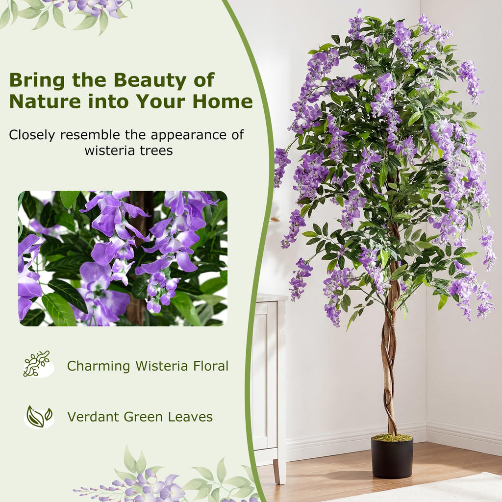 6FT Ficus Artificial Tree, 2 Pack Faux Wisteria Tree Pot with Purple Lifelike Flowers, Fake Potted Tree Greenery