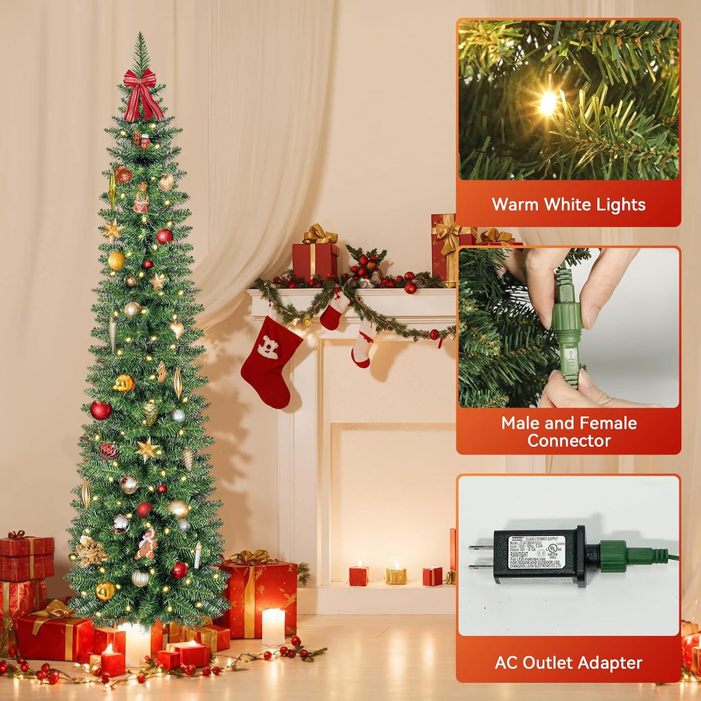 Green Pencil Artificial Christmas Tree Pre-Lit with Warm Lights, Slim Xmas Tree
