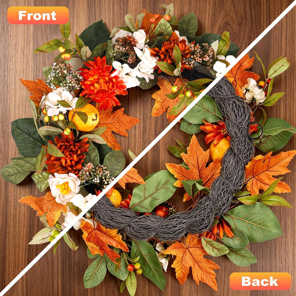 26" Fall Wreath for Front Door, Artificial Large Harvest Fall Wreath | with Pear, Orange Maple Leaf, Dahlia and White