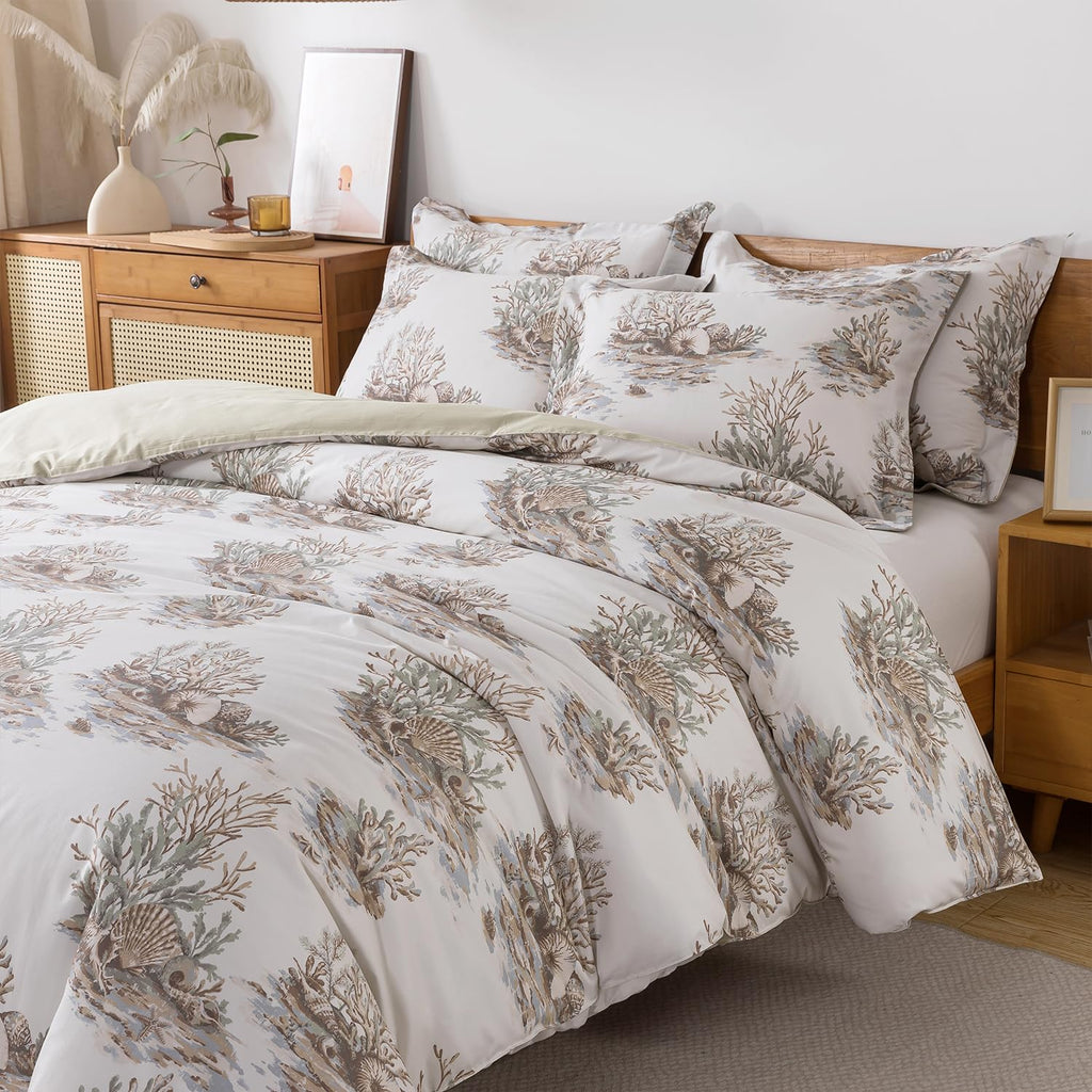 Luxury Coastal Cotton Duvet Cover Set Coastal Coral Seashell Toile Print Hotel-Quality Bedding Set 3-Piece