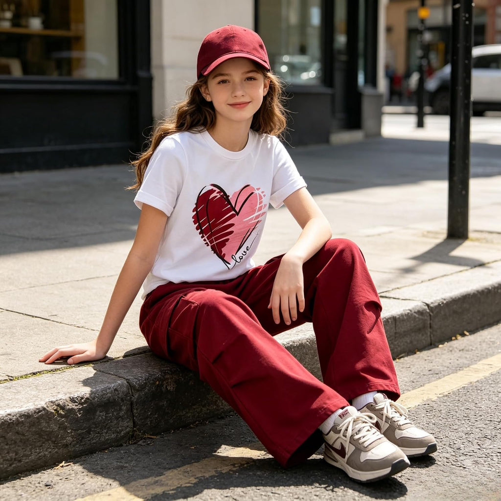 Teen Girls 2 Piece Clothes Short Sleeve Heart Graphic T-Shirt Top + Cargo Pants 2pcs Outfit Set